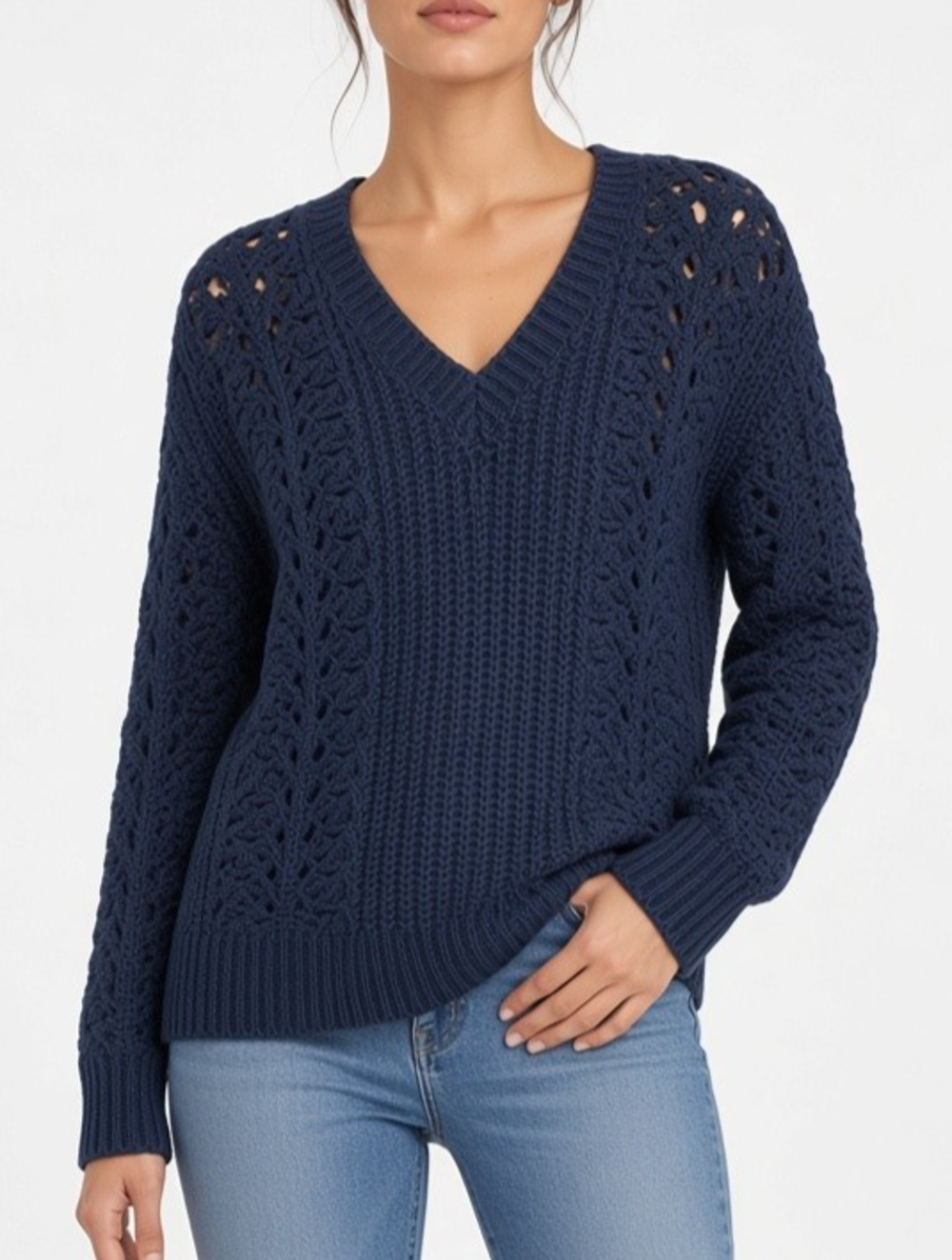 Lucky Brand Pointelle V Neck Sweater Women M Ocean Deep Blue Wool Yak Knit Warm